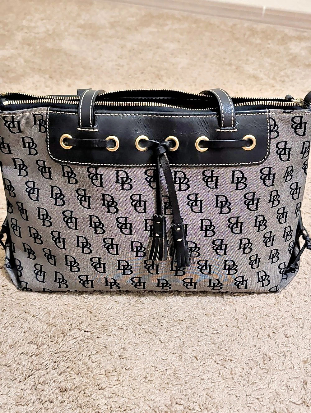 Dooney & Bourke Signature Monogram Tassel Tote Black & Gray
